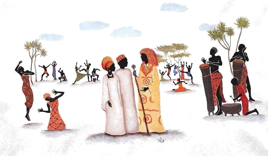 Illustration : scène de village, danses et célébration africaine